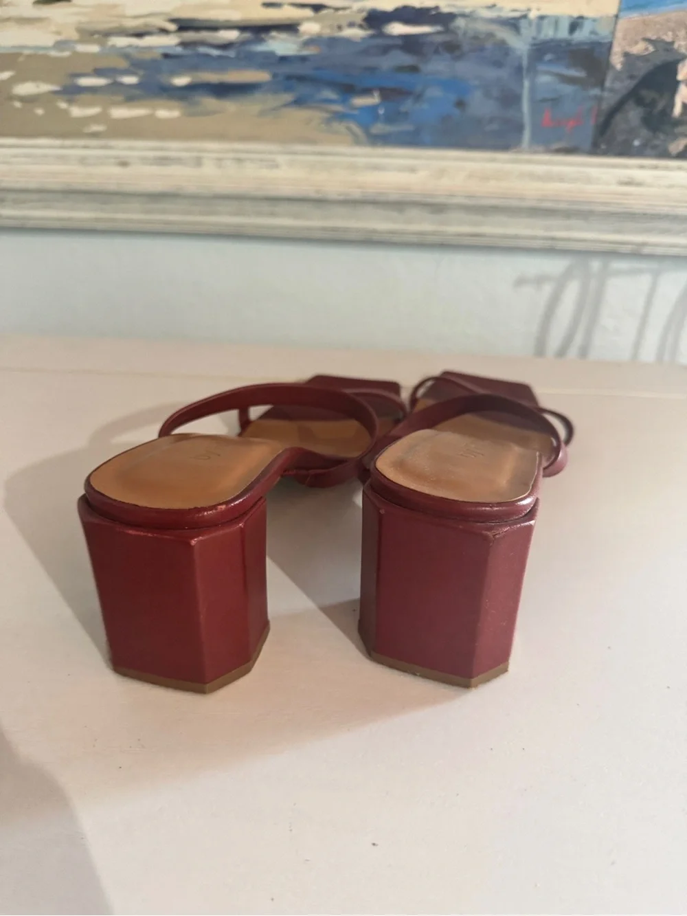 BY FAR Burgundy Double-Strap Square Block Heels Sandals